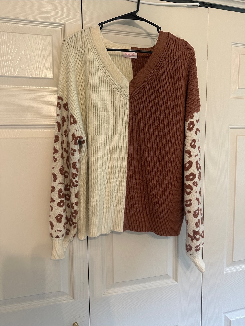 Pink Lily Two-Tone V-Neck Sweater in Cream & Brown with Leopard Sleeves